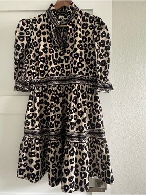 Gretchen Scott Designs Black and Cream Leopard Print Tiered Dress